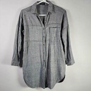 QUARTERLY Linen Blend Shirt Womens Small Long Grey Stripe Pockets Collar Button